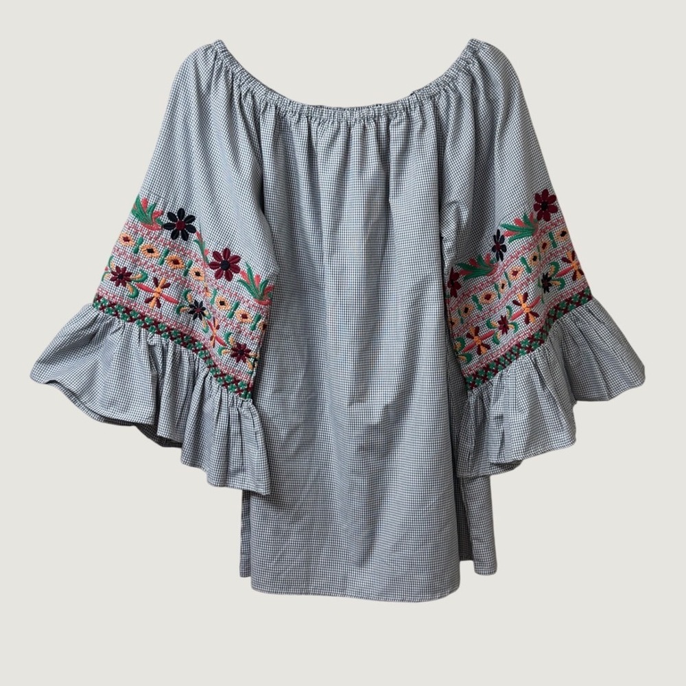 Avani del amour Gingham Embroidered Off Shoulder Bell Sleeve Top Boho Western M